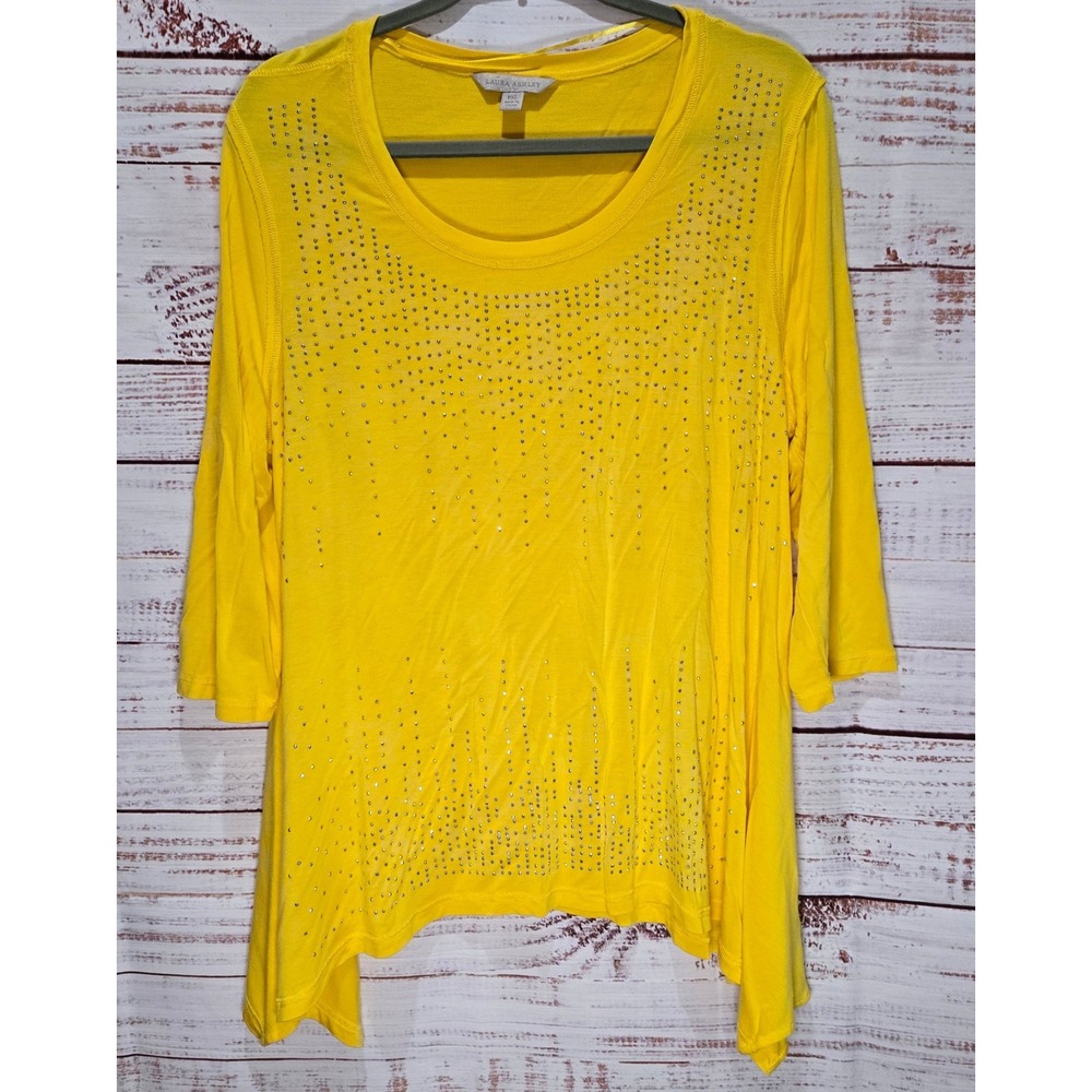 Laura Ashley Yellow‎ Rhinestone Sharkbite Hem 3/4 Sleeve Top Women PXL